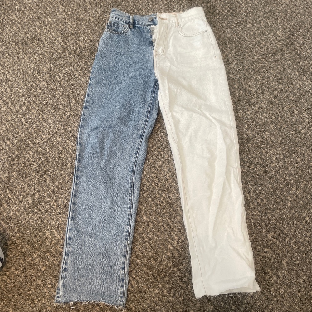 Half and half blue and white denim jeans